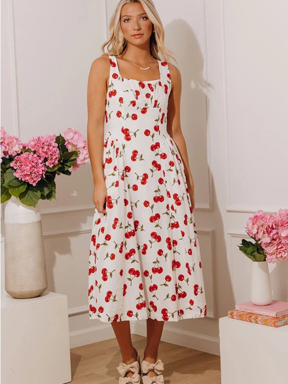 White Cherry-Print Midi Dress with Square Neck